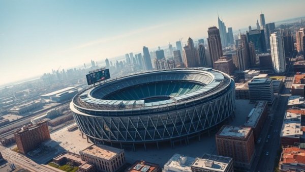 Aerial view of NFL stadium in urban cityscape, clear sky.