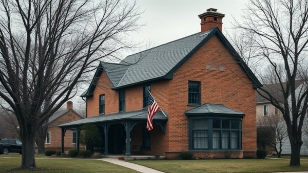 Rustic brick house in Rome with American flag, classic suburban scene.