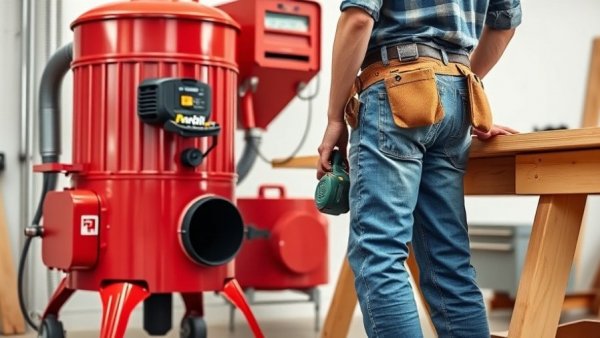 Modern workshop setup with red dust collector and technician, showcasing best tools for dust control.