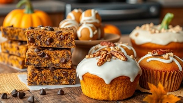 Assortment of healthy pumpkin recipes on rustic table.