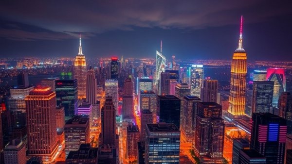 Illuminated city skyline depicting real estate opportunities at night.