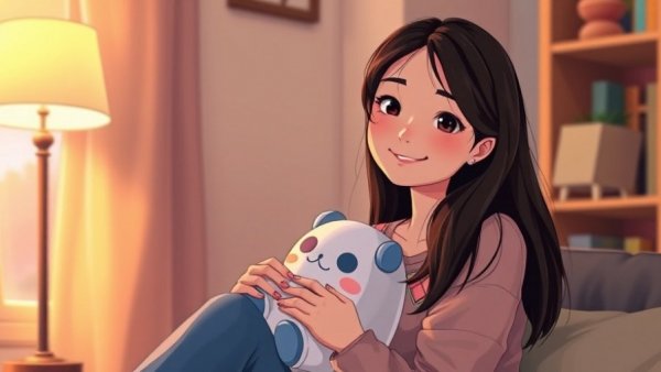 Young woman finds emotional safety with sensory anchors in a cozy room.