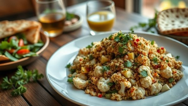 Quinoa cauliflower salad with herbs in rustic dining setting.