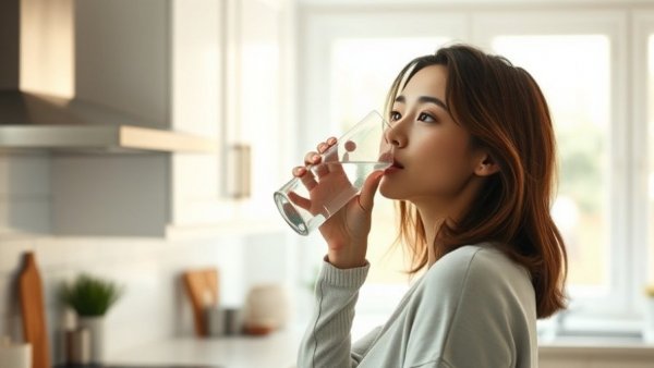 Woman testing water for forever chemicals in a modern kitchen.