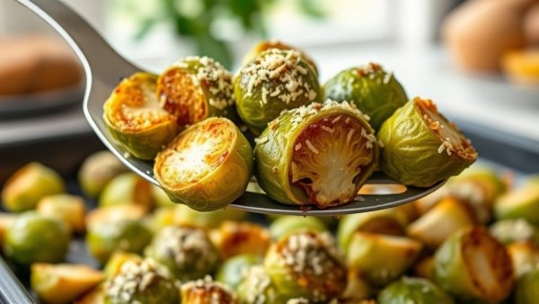 Parmesan crusted Brussels sprouts close-up being lifted.
