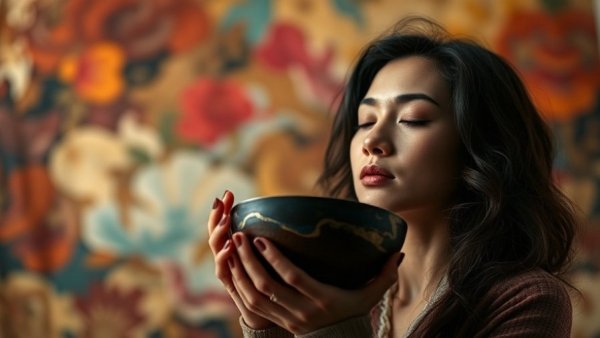 Serene woman with kintsugi bowl symbolizing self-compassion in parenting.
