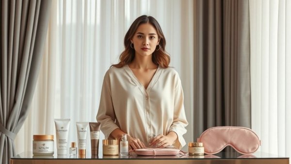 Small luxuries for holiday travel, featuring beige loungewear and travel essentials.