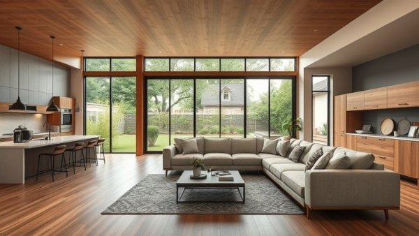 Modern living room in Mariner model Lake Babcock with large sofa.