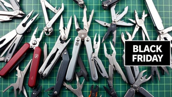 Early Black Friday Multitool Deals promotional image with assorted tools on green grid.
