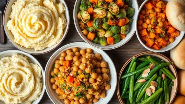 Assortment of Thanksgiving side dishes, visually appealing and colorful.