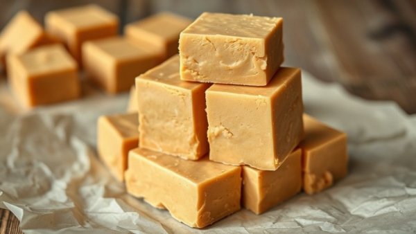 Rich vegan peanut butter fudge stacked on parchment.