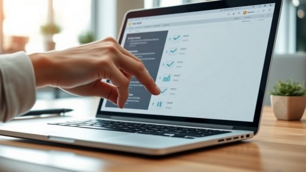 Close-up of hand with a checklist, auditing for compliance on laptop