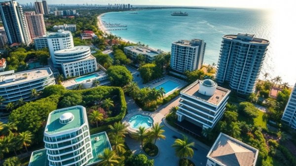 Miami luxury real estate aerial view with skyline and ocean.