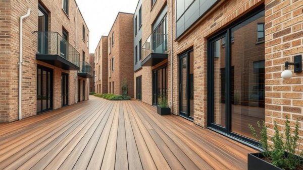 Modern building with Kebony sustainable decking, light brown bricks.