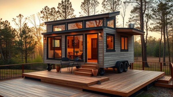 Modern affordable tiny house on stilts with a broad deck and sunset view.