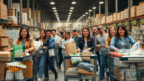 Shoppers with carts full of DIY supplies at Costco in a bustling warehouse.