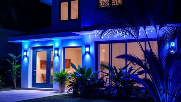 Smart outdoor lighting in vibrant blue illuminating a house entrance.