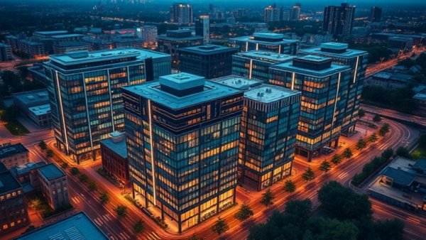 Aerial view of illuminated office complex at dusk, Breakthrough Properties Growth Portfolio II fund.