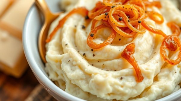 Creamy Caramelized Onion Mashed Potatoes close-up in a bowl.