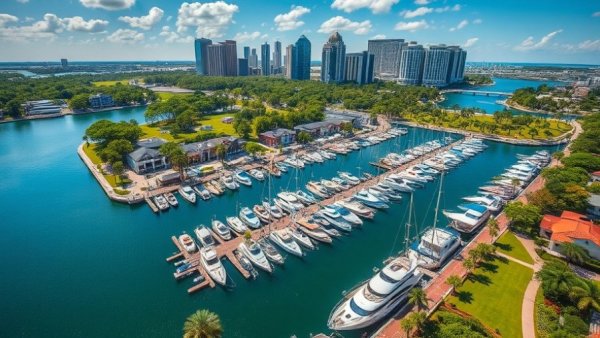 Aerial view of Sarasota marina with yachts and parkland for The Agency Sarasota launch.