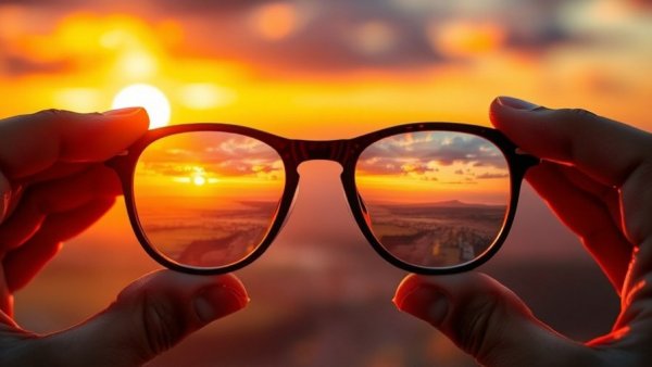 Clarity amidst visual challenges: glasses revealing clear sunset scene.