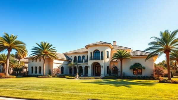 Elegant Mediterranean house with palm trees.