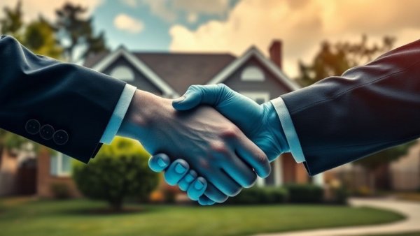 Blue-tinted handshake over suburban house, real estate agreements concept.