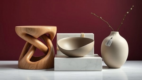 Beautifully designed gifts for design lovers; a unique stool, bowl, and vase displayed.