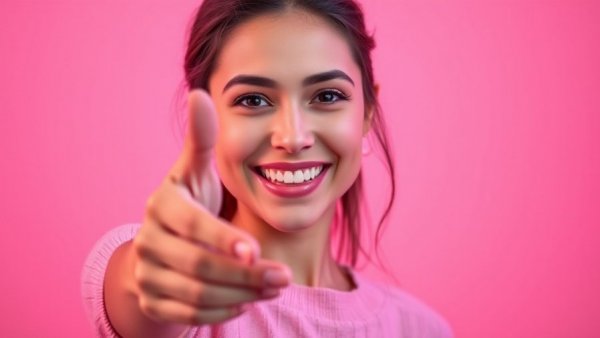 Vibrant portrait of woman extending handshake for real estate gratitude.