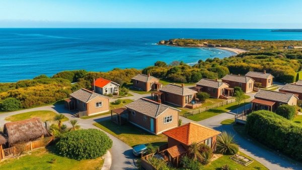 Aerial view of coastal cabins as an affordable alternative.