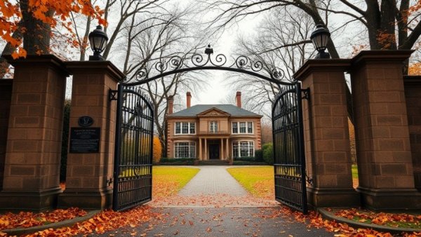 Rustic entrance with wrought iron gates amid autumn leaves near Halifax condo development feud.