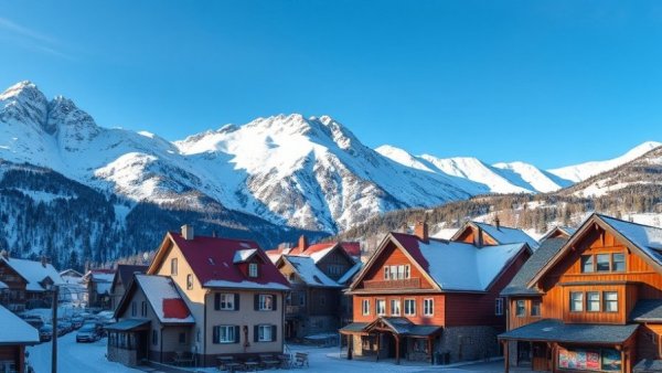 Quaint ski town buildings under majestic snow-capped mountains.