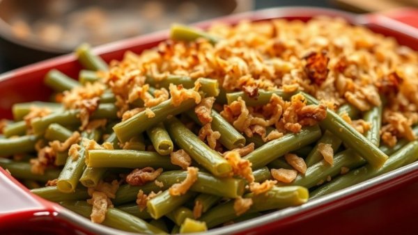 Healthy green bean casserole in a red dish with crispy topping.