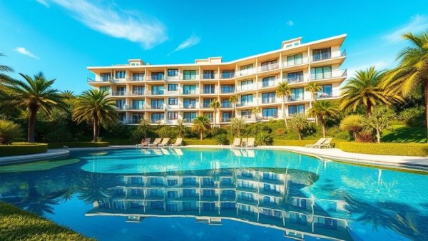 Modern FHA approved condos with pool and green landscape.