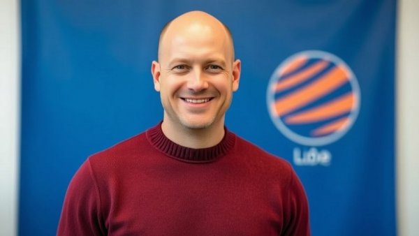 Man smiling against a blue background with the Finder logo.