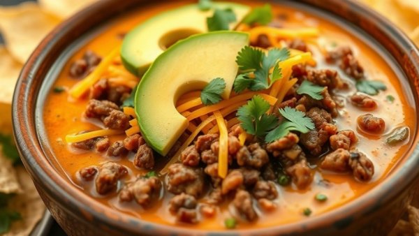 Delicious Ground Beef Cottage Cheese Queso topped with avocado and cilantro.