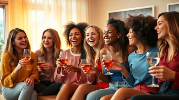 Lively group enjoying holiday cocktails in a cozy living room.