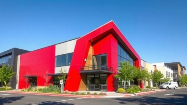 Modern Bedford Park commercial site with angular roof and red facade