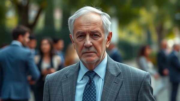 Older man in a suit standing outdoors.