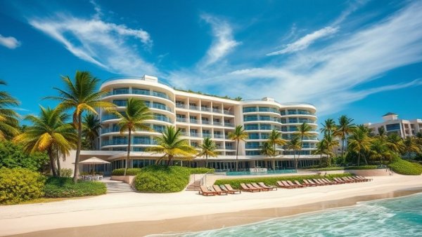 Luxury real estate Caribbean beachfront resort with palms and ocean.