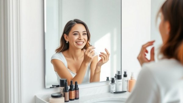 Woman using under-$30 beauty products in a bright, minimalistic bathroom.