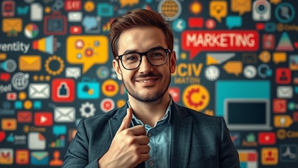 Engaging social media marketing concept for real estate agents with confident man.