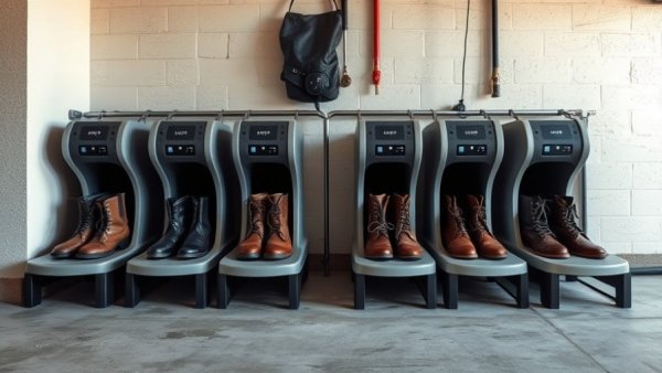 Various modern boot dryers in a garage, best boot dryers of 2025.