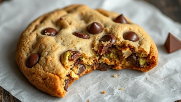 Close-up of a chocolate chunk pistachio cookie with a bite.