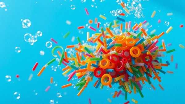 Floating microplastics in clear water, illustrating cosmetics pollution.