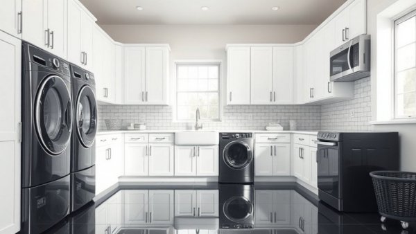 Modern small laundry room upgrades with white cabinets and black appliances.