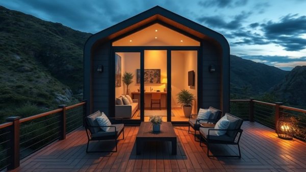 Modern Amazon tiny home with insulation features in a cold coastal setting.