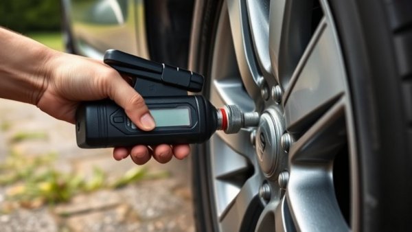 Person using portable tire inflator on car tire, fill your car tires for free.