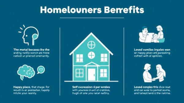 Illustration of benefits of homeownership: mental wellbeing, happy place, self-expression.