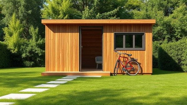 Modern garden house kit on lawn with red bicycle.